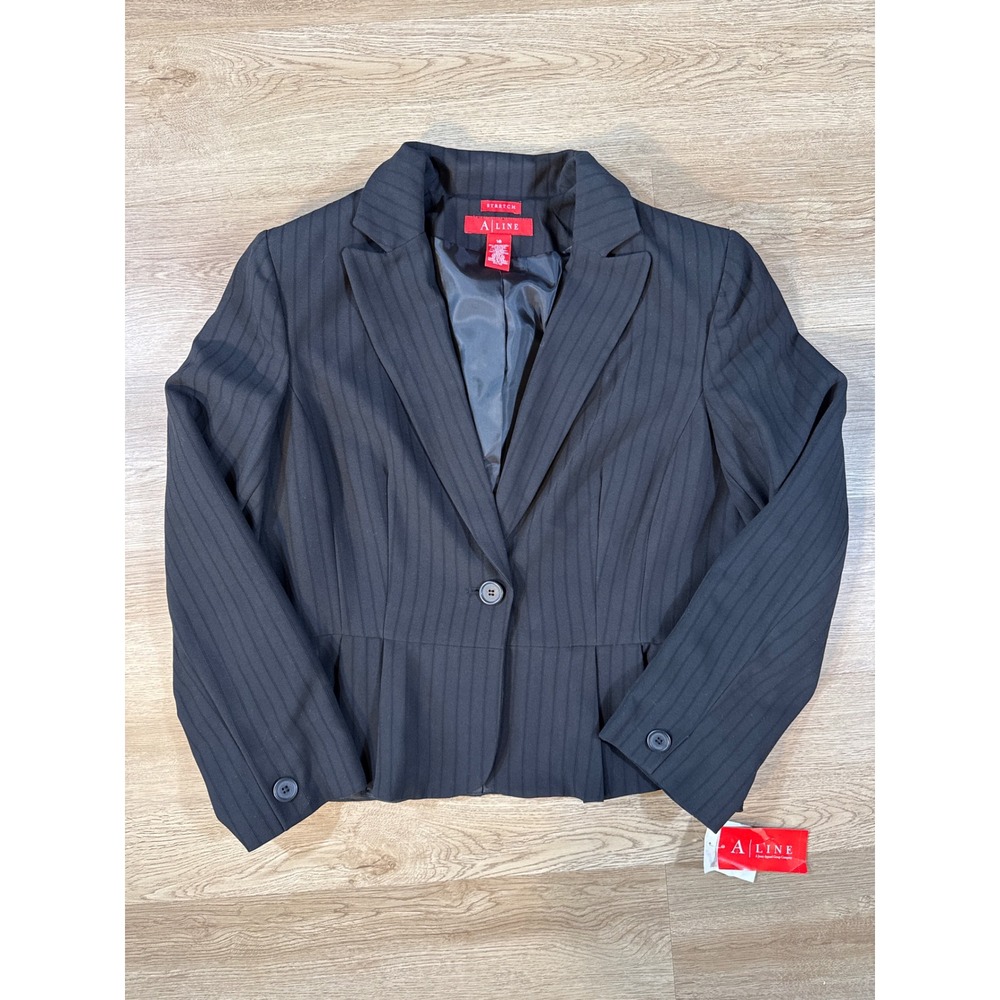A Line Pinstripe Blazer Women Size 16 Black New Peplum Pleated Stretch Jacket